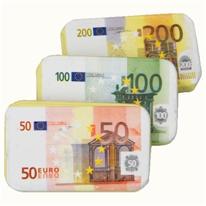 Euro banknotes filled with chocolate coins and chocolate Euro coins and ...